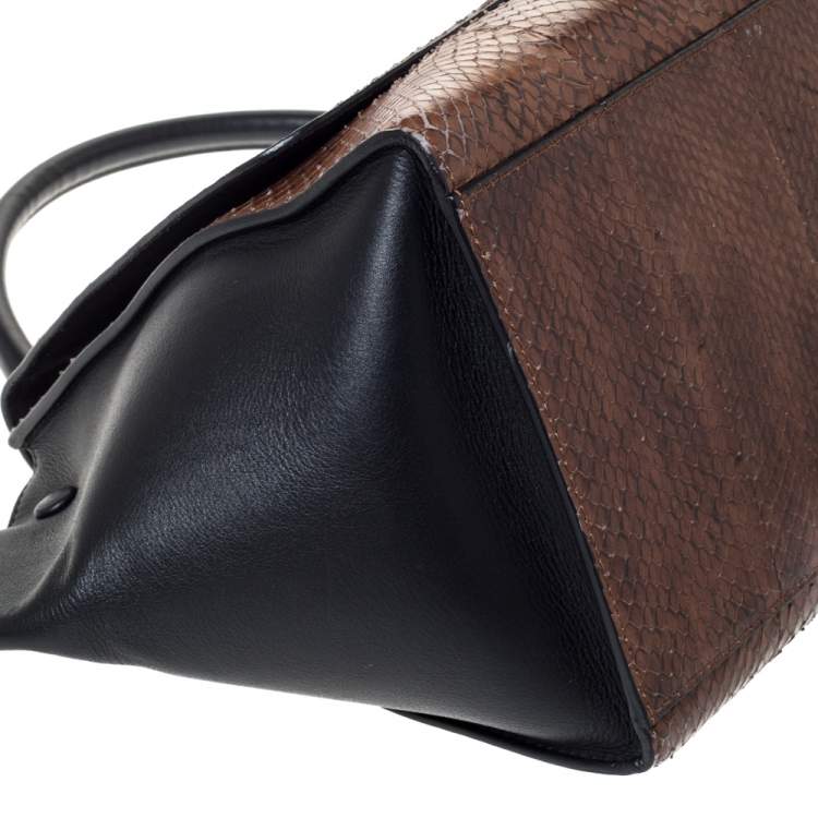 Pre Owned Celine Black/Brown Leather and Python Medium Trapeze Top Handle Bag