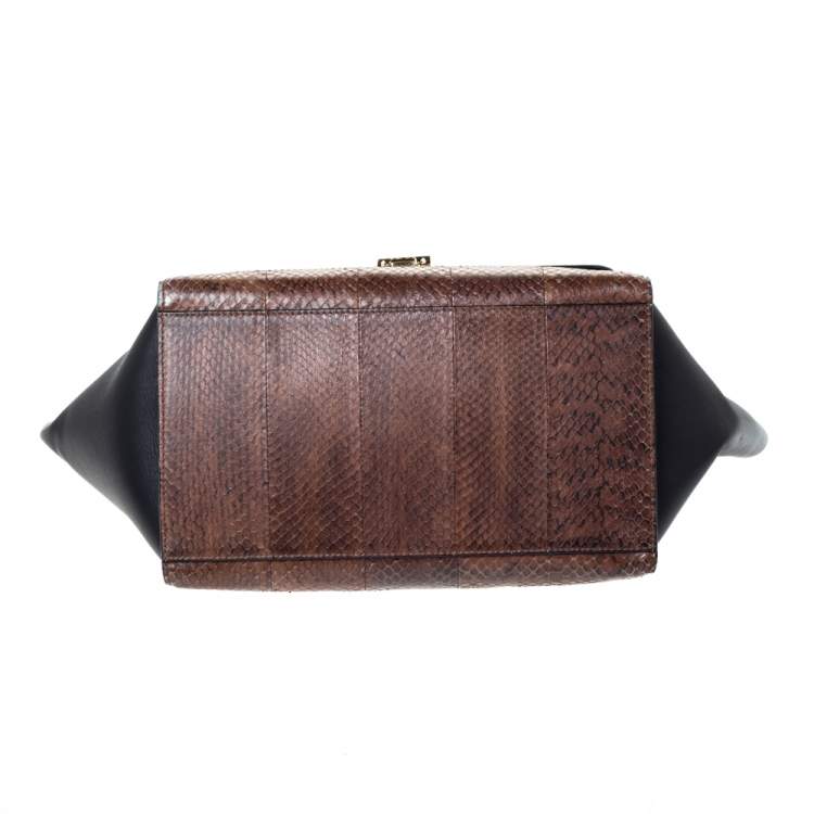 Pre Owned Celine Black/Brown Leather and Python Medium Trapeze Top Handle Bag