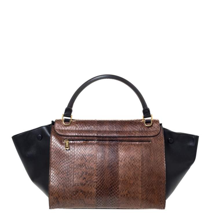 Pre Owned Celine Black/Brown Leather and Python Medium Trapeze Top Handle Bag