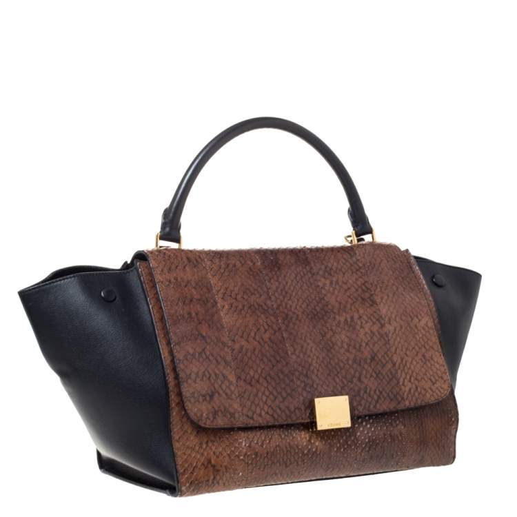 Pre Owned Celine Black/Brown Leather and Python Medium Trapeze Top Handle Bag
