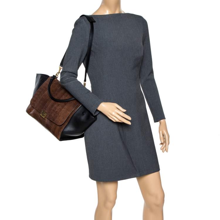 Pre Owned Celine Black/Brown Leather and Python Medium Trapeze Top Handle Bag