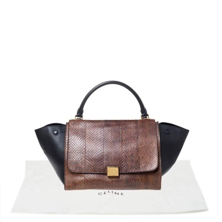 Pre Owned Celine Black/Brown Leather and Python Medium Trapeze Top Handle Bag