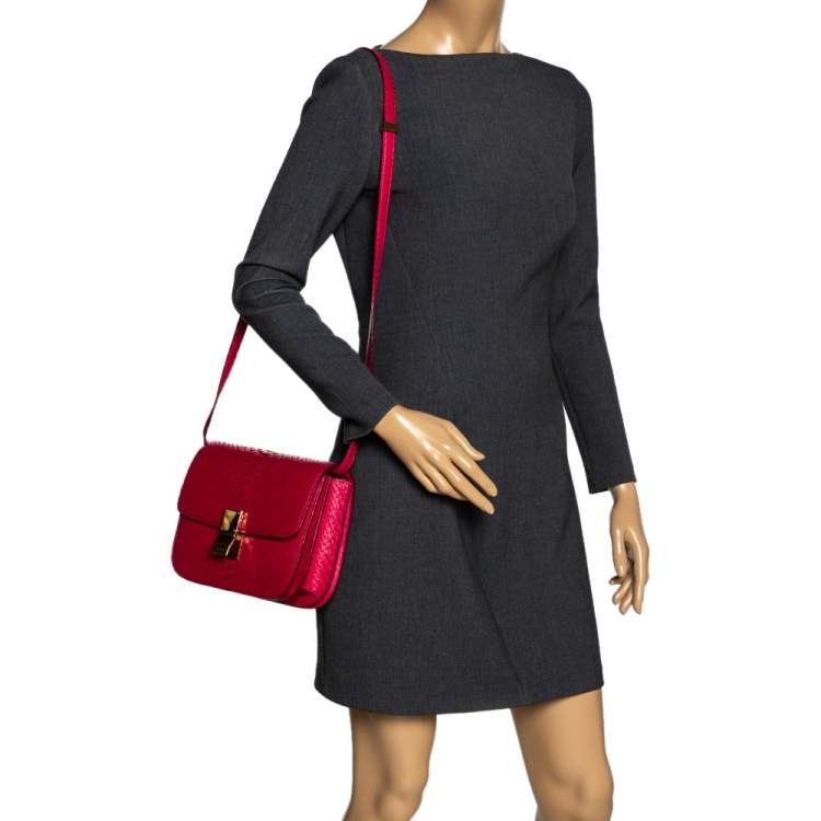 Pre Owned Celine Magenta Python Medium Classic Box Shoulder Bag