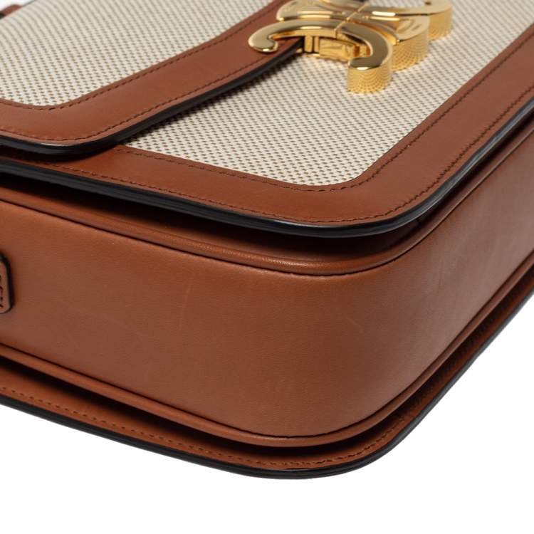 Pre Owned Celine Beige/Tan Canvas and Leather Triomphe Shoulder Bag