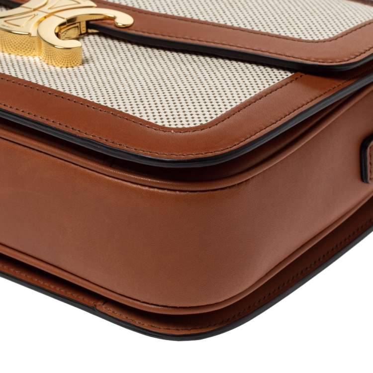 Pre Owned Celine Beige/Tan Canvas and Leather Triomphe Shoulder Bag