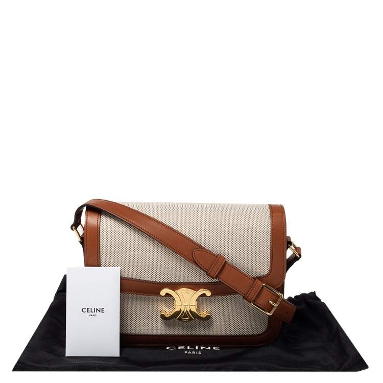 Pre Owned Celine Beige/Tan Canvas and Leather Triomphe Shoulder Bag