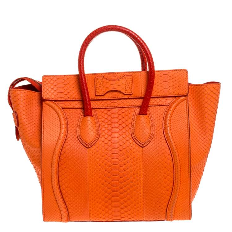Pre Owned Celine Orange Python Mini Luggage Tote