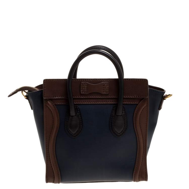 Pre Owned Celine Navy Blue/Brown Leather Nano Luggage Tote