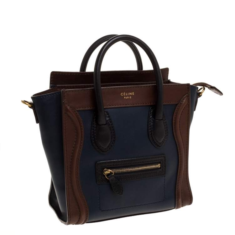 Pre Owned Celine Navy Blue/Brown Leather Nano Luggage Tote