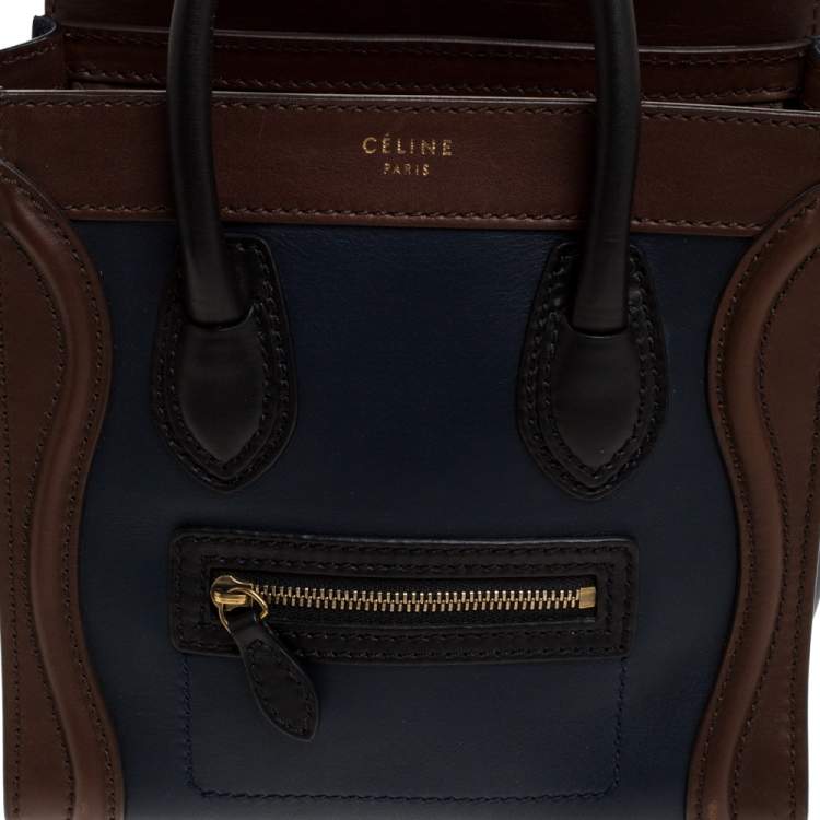 Pre Owned Celine Navy Blue/Brown Leather Nano Luggage Tote