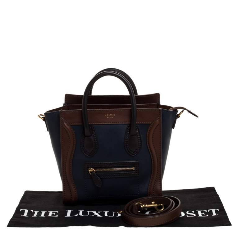 Pre Owned Celine Navy Blue/Brown Leather Nano Luggage Tote