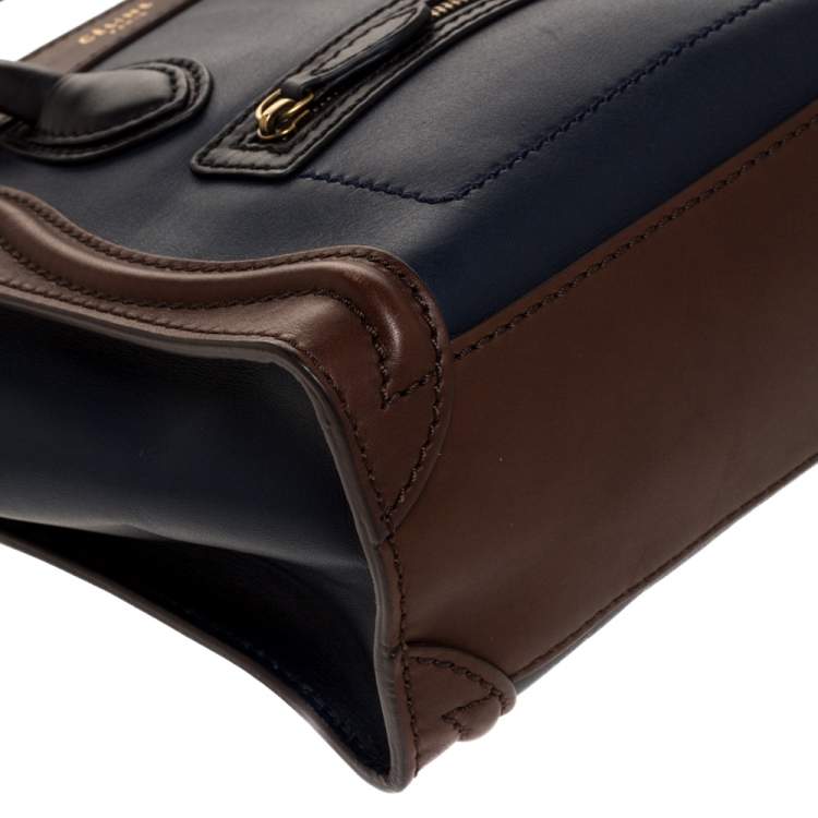 Pre Owned Celine Navy Blue/Brown Leather Nano Luggage Tote