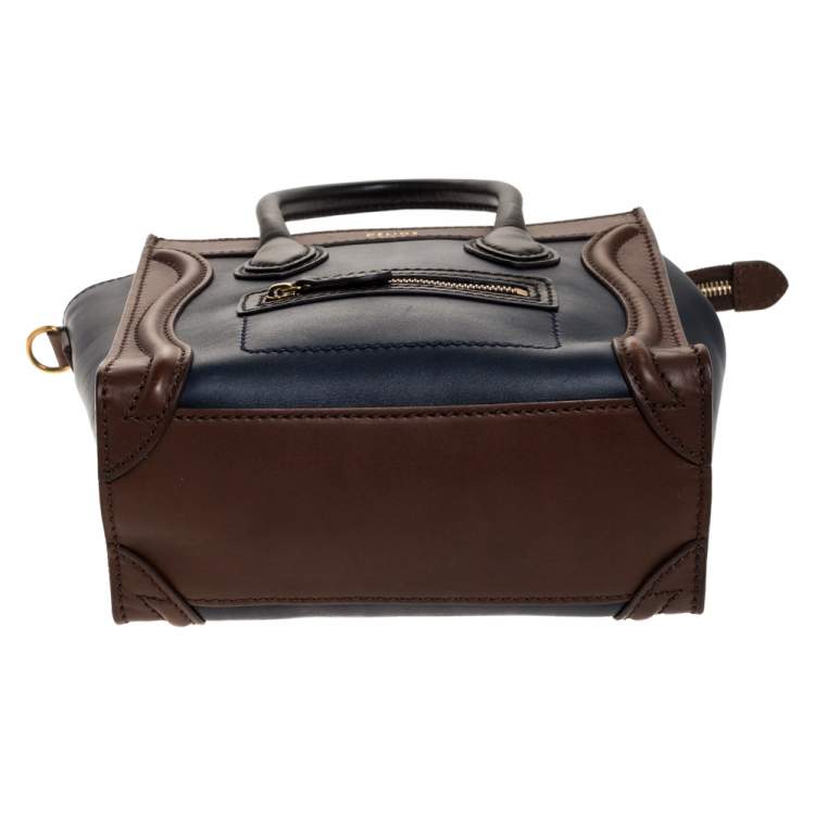 Pre Owned Celine Navy Blue/Brown Leather Nano Luggage Tote