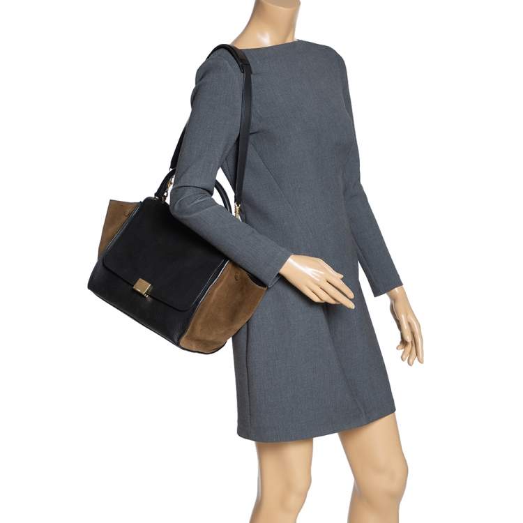 Pre Owned Celine Black/Khaki Leather and Suede Medium Trapeze Top Handle Bag