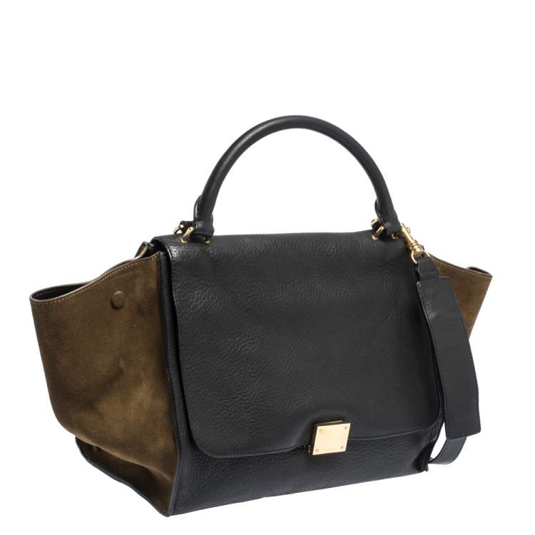 Pre Owned Celine Black/Khaki Leather and Suede Medium Trapeze Top Handle Bag