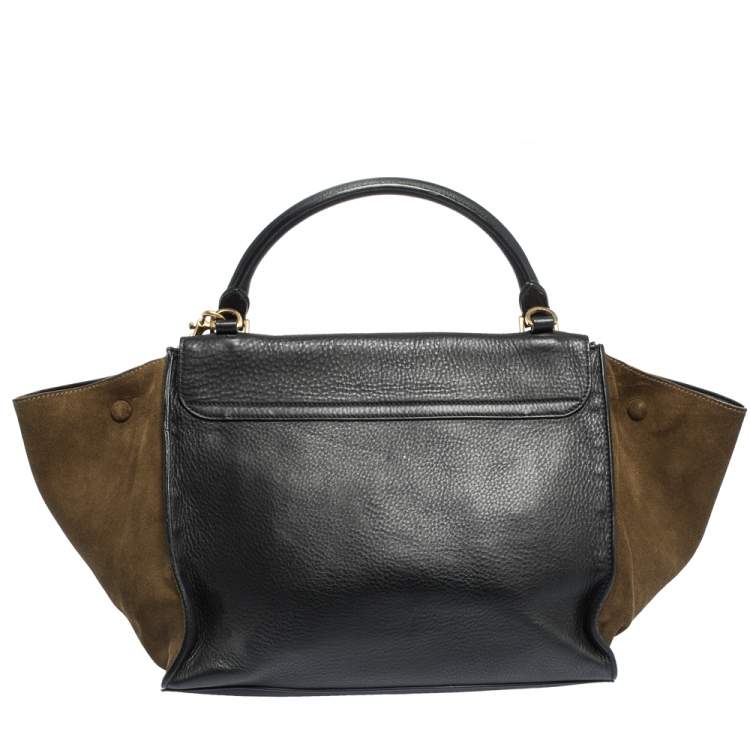 Pre Owned Celine Black/Khaki Leather and Suede Medium Trapeze Top Handle Bag