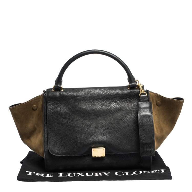 Pre Owned Celine Black/Khaki Leather and Suede Medium Trapeze Top Handle Bag