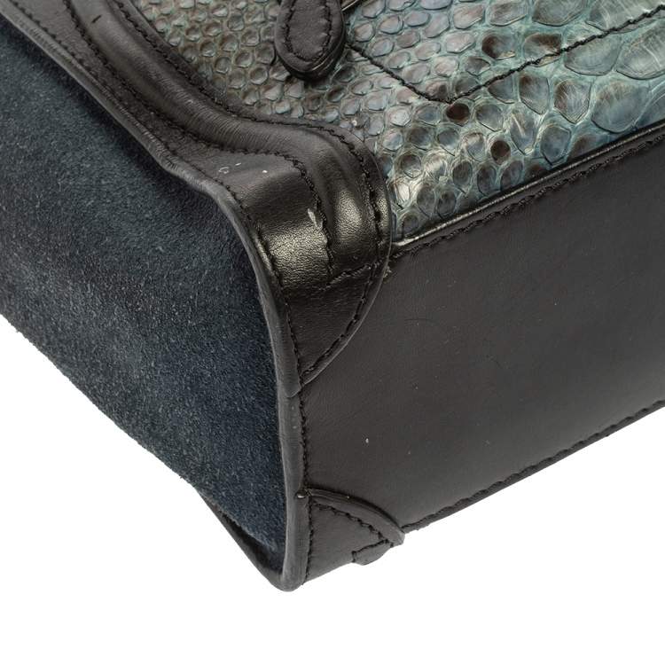 Pre Owned Celine Blue/Black Python/Leather and Suede Nano Luggage Tote
