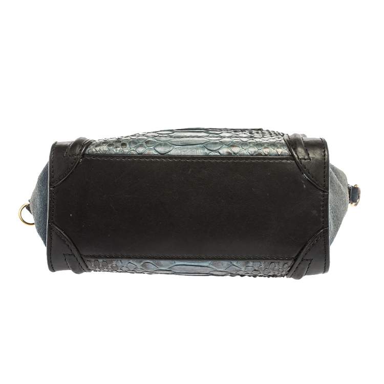 Pre Owned Celine Blue/Black Python/Leather and Suede Nano Luggage Tote