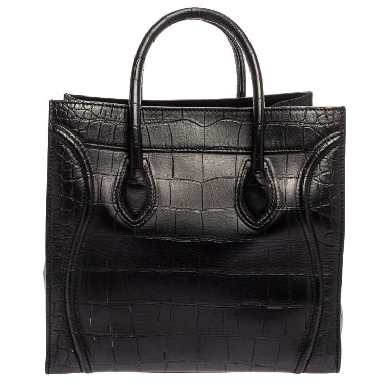 Pre Owned Celine Black Croc Embossed Leather Medium Phantom Luggage Tote 