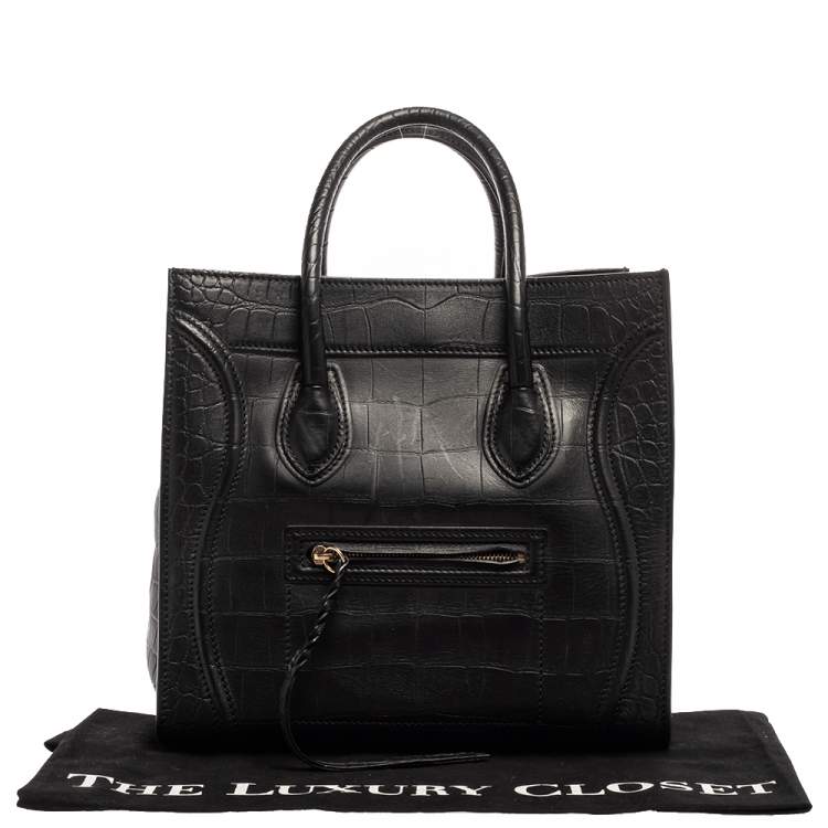 Pre Owned Celine Black Croc Embossed Leather Medium Phantom Luggage Tote 