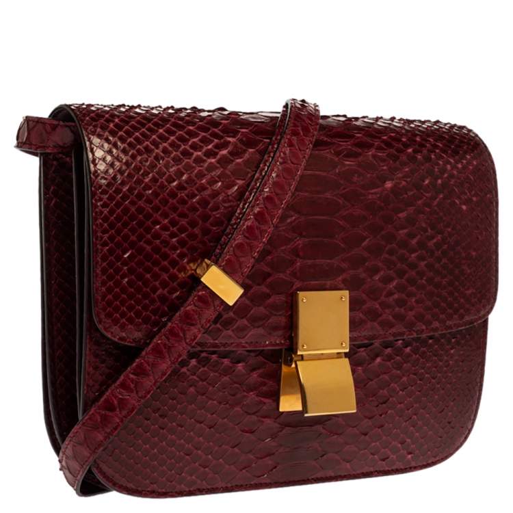 Pre Owned Celine Burgundy Python Medium Classic Box Shoulder Bag