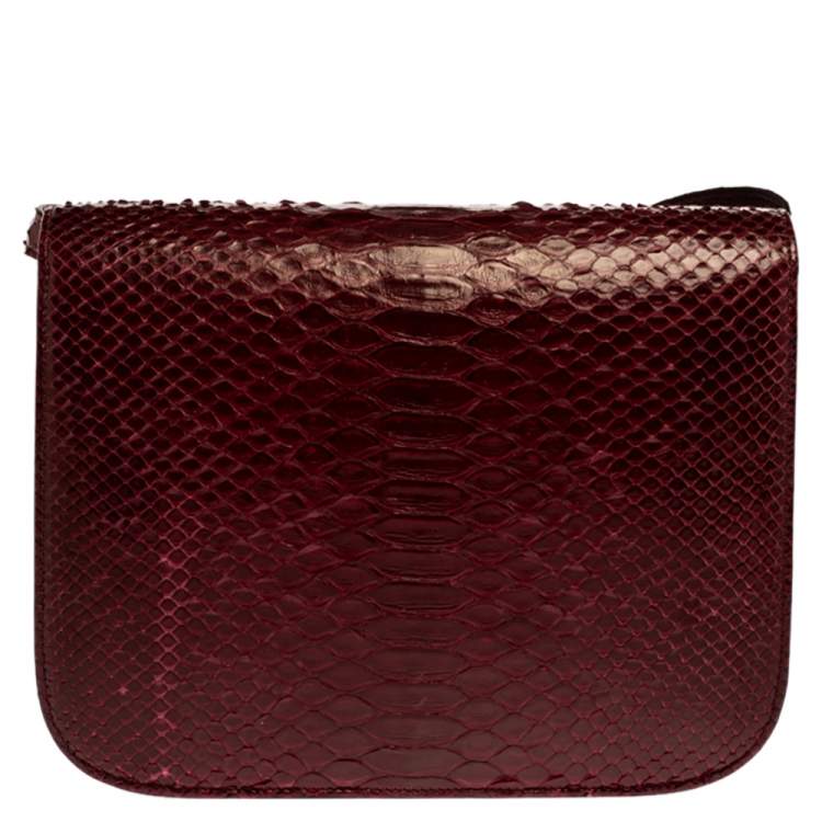 Pre Owned Celine Burgundy Python Medium Classic Box Shoulder Bag