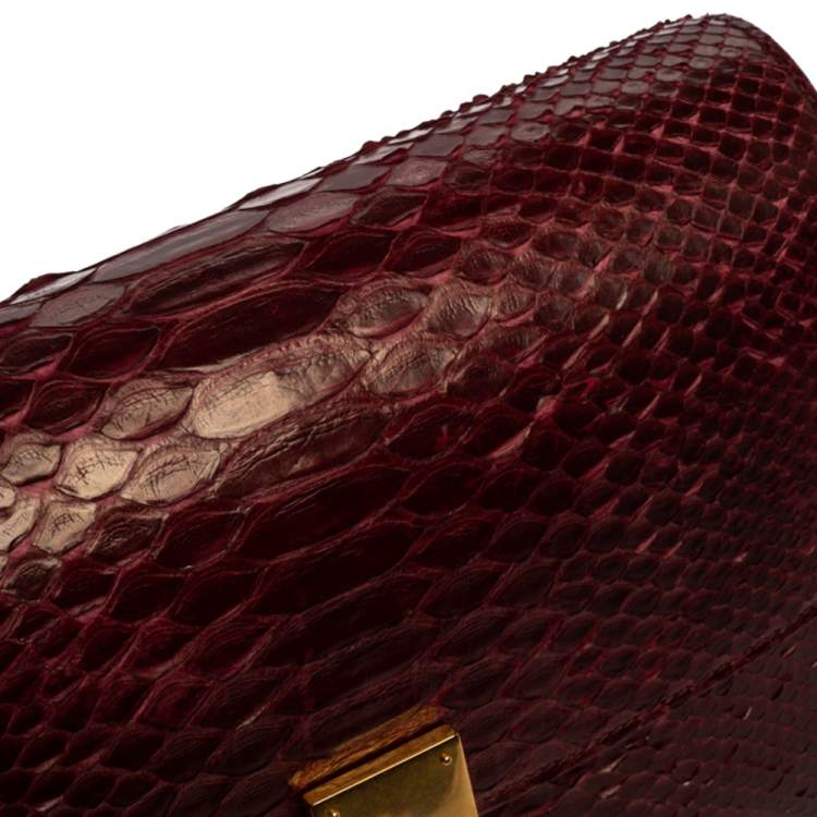 Pre Owned Celine Burgundy Python Medium Classic Box Shoulder Bag