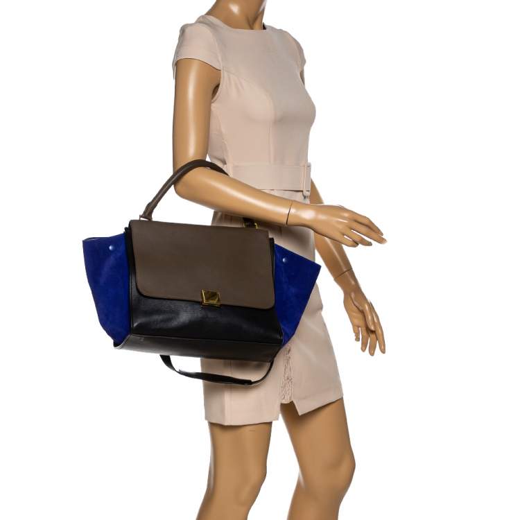 Pre Owned Celine Tri Color Leather and Suede Medium Trapeze Top Handle Bag