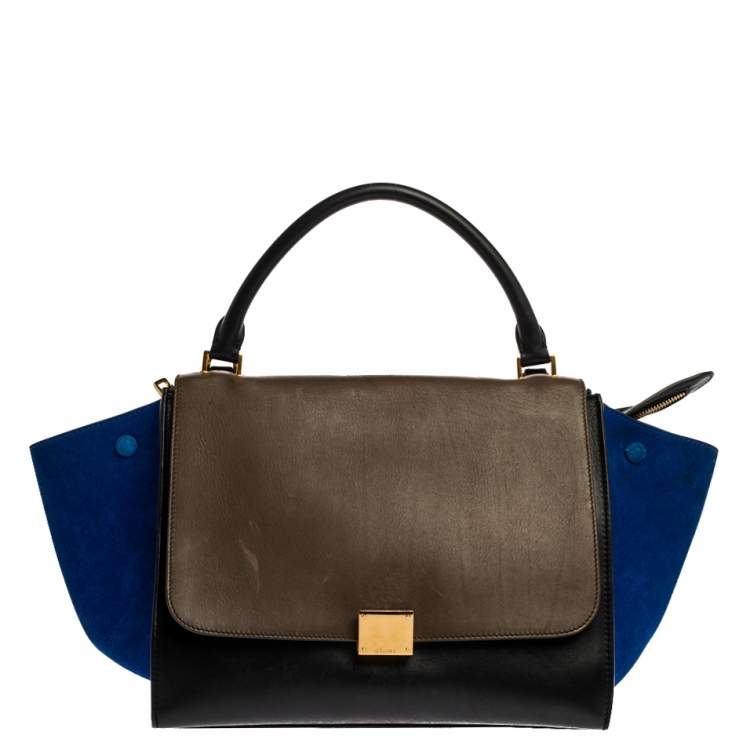 Pre Owned Celine Tri Color Leather and Suede Medium Trapeze Top Handle Bag