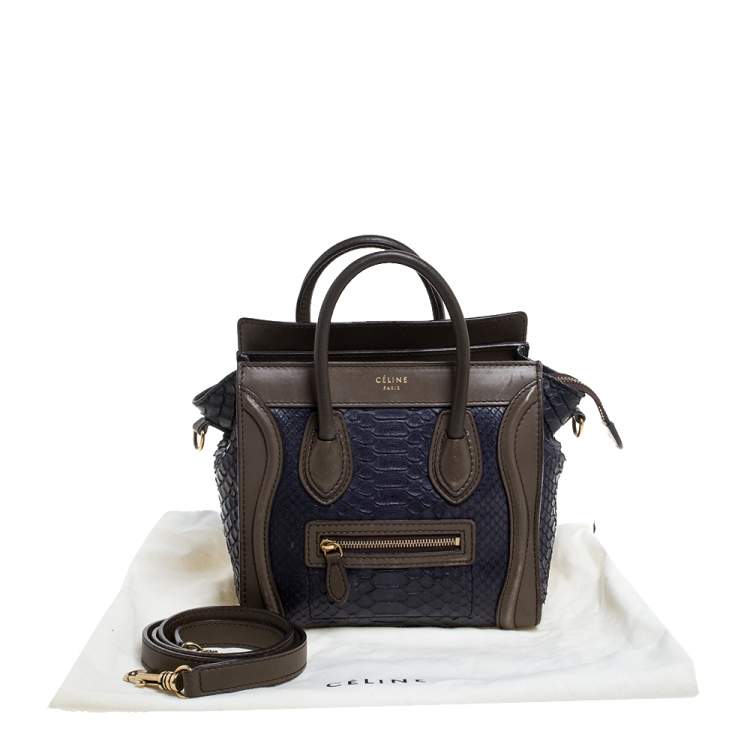 Pre Owned Celine Dark Purple/Taupe Python and Leather Nano Luggage Tote