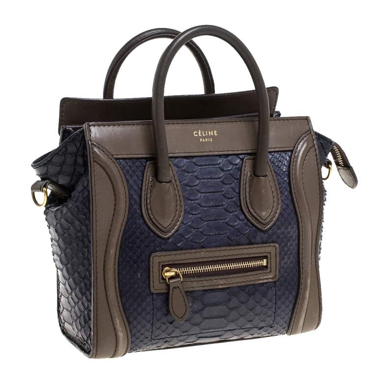 Pre Owned Celine Dark Purple/Taupe Python and Leather Nano Luggage Tote