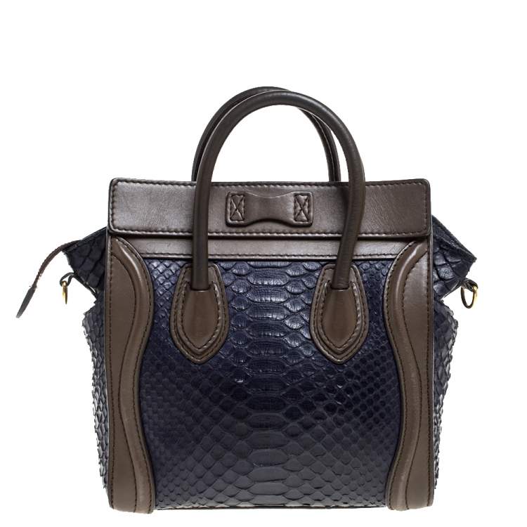 Pre Owned Celine Dark Purple/Taupe Python and Leather Nano Luggage Tote