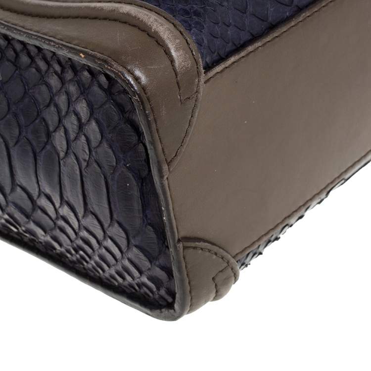 Pre Owned Celine Dark Purple/Taupe Python and Leather Nano Luggage Tote