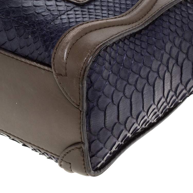 Pre Owned Celine Dark Purple/Taupe Python and Leather Nano Luggage Tote