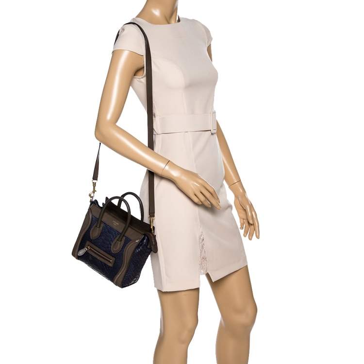 Pre Owned Celine Dark Purple/Taupe Python and Leather Nano Luggage Tote