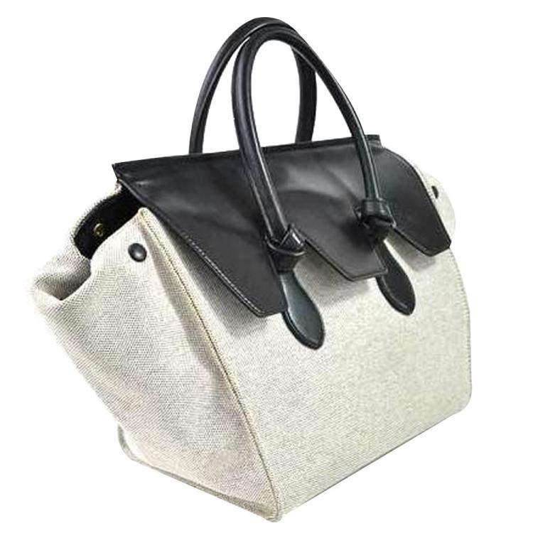 Pre Owned Celine Grey Leather Canvas Tote Bag
