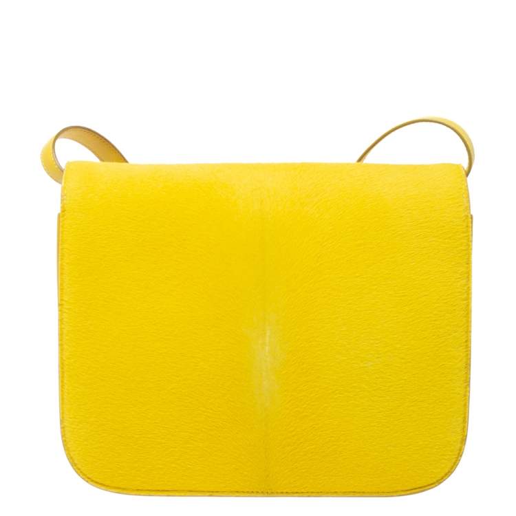Pre Owned Celine Yellow Calfhair and Leather Medium Classic Box Shoulder Bag