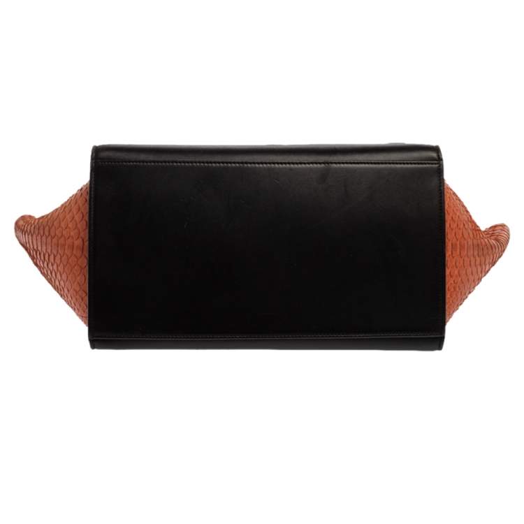Pre Owned Celine Black/Orange Leather and Python Medium Trapeze Top Handle Bag