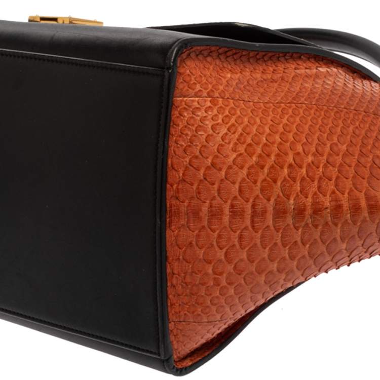 Pre Owned Celine Black/Orange Leather and Python Medium Trapeze Top Handle Bag