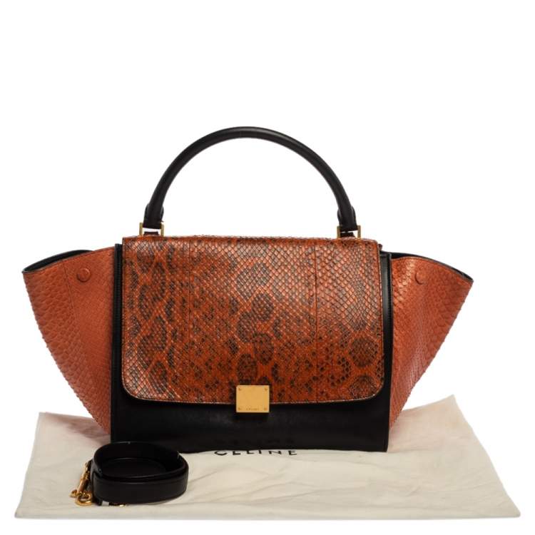 Pre Owned Celine Black/Orange Leather and Python Medium Trapeze Top Handle Bag