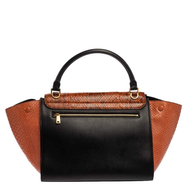 Pre Owned Celine Black/Orange Leather and Python Medium Trapeze Top Handle Bag