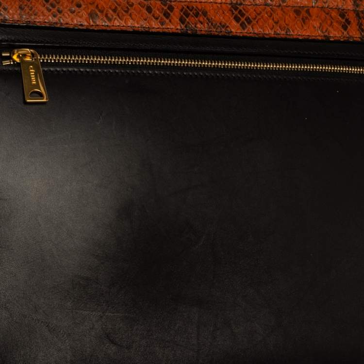 Pre Owned Celine Black/Orange Leather and Python Medium Trapeze Top Handle Bag