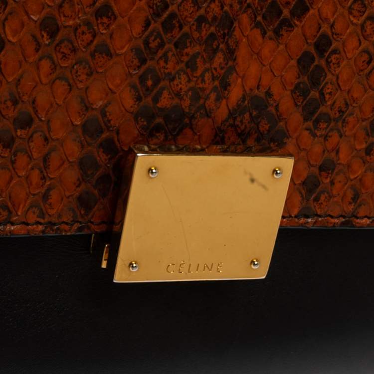 Pre Owned Celine Black/Orange Leather and Python Medium Trapeze Top Handle Bag