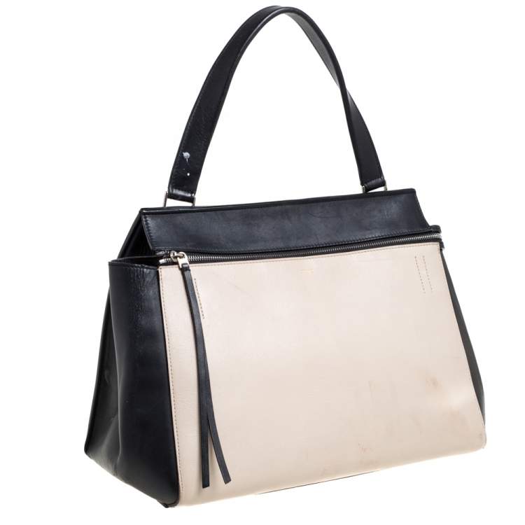 Pre Owned Celine Black/Off White Leather Medium Edge Top Handle Bag