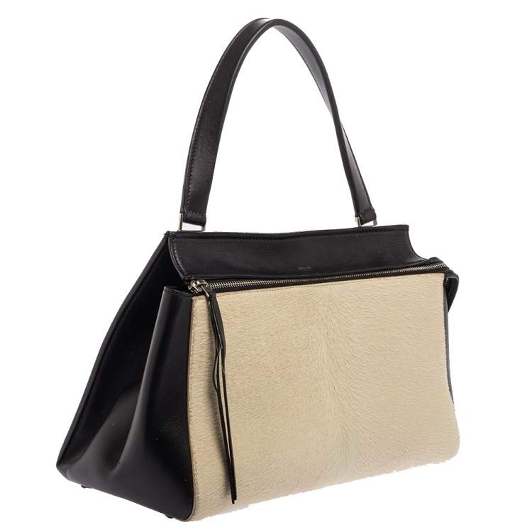 Pre Owned Céline Beige/Black Calfhair and Leather Small Edge Bag
