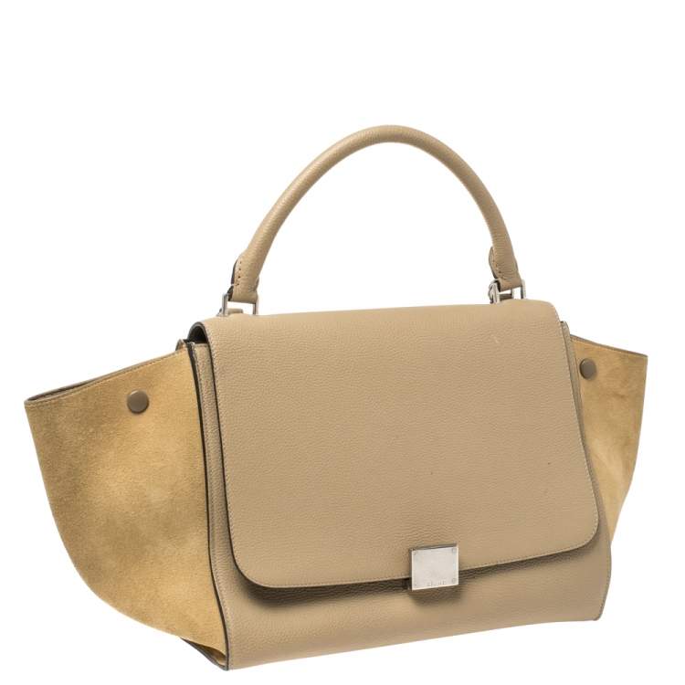 Pre Owned Celine Beige Leather and Suede Medium Trapeze Top Handle Bag