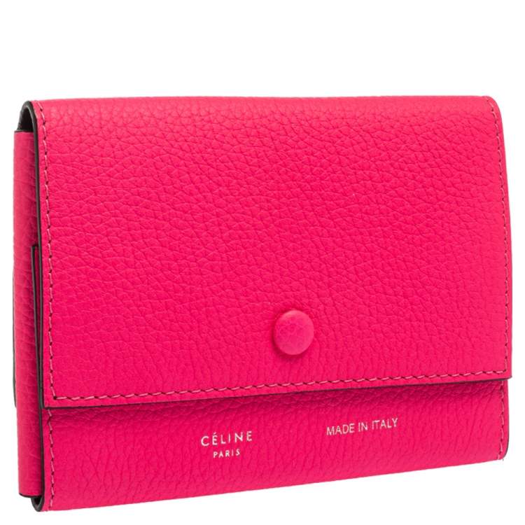 Pre Owned Celine Neon Pink Grained Leather Snap Flap Pouch
