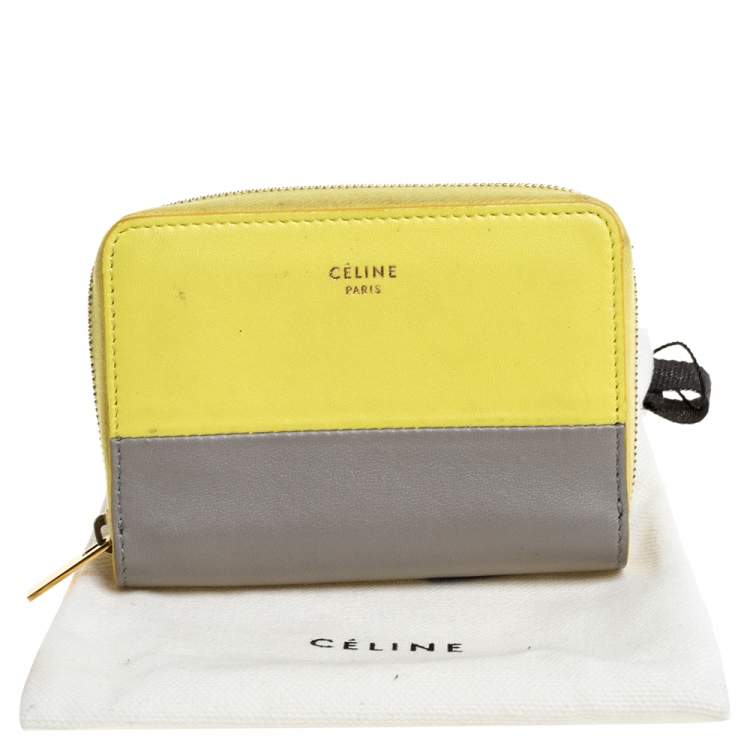 Pre Owned Celine Yellow/Grey Leather Zip Around Coin Purse
