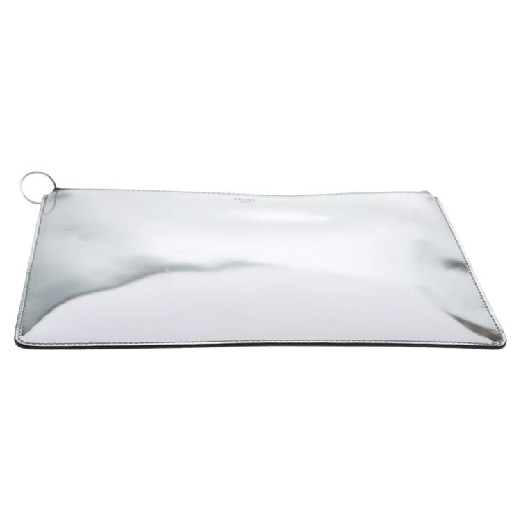 Pre Owned Celine Silver Mirror Leather Zipped Clutch